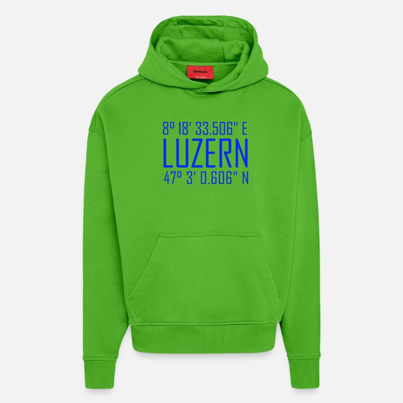 Coordonnées de Lucerne – typographie en référence à la localisation - Sweat à capuche bio épais oversize fabriqué en UE - Apple Neon