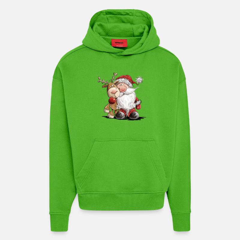 Buffo Babbo Natale e le sue renne - Felpa con cappuccio ecologica oversize Heavyweight Made in UE - Apple Neon