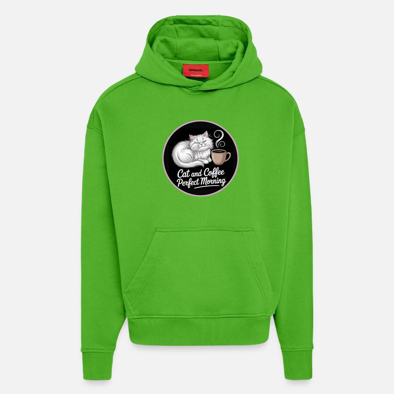 Motif café matinal pour chat - Sweat à capuche bio épais oversize fabriqué en UE - Apple Neon