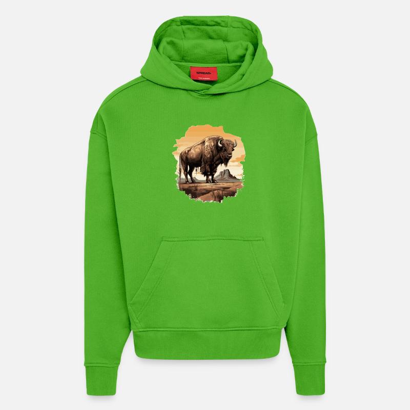 Bison majestueux de style western - Sweat à capuche bio épais oversize fabriqué en UE - Apple Neon