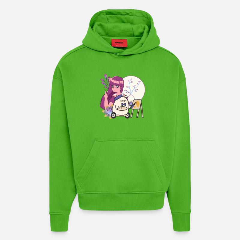 Artiste Kawaii & Cochon en fauteuil roulant - Sweat à capuche bio épais oversize fabriqué en UE - Apple Neon