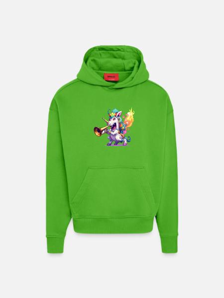 Funkelndes Einhorn-Trompeter im Feuer - Hoodie- made by SPREAD - Apple Neon