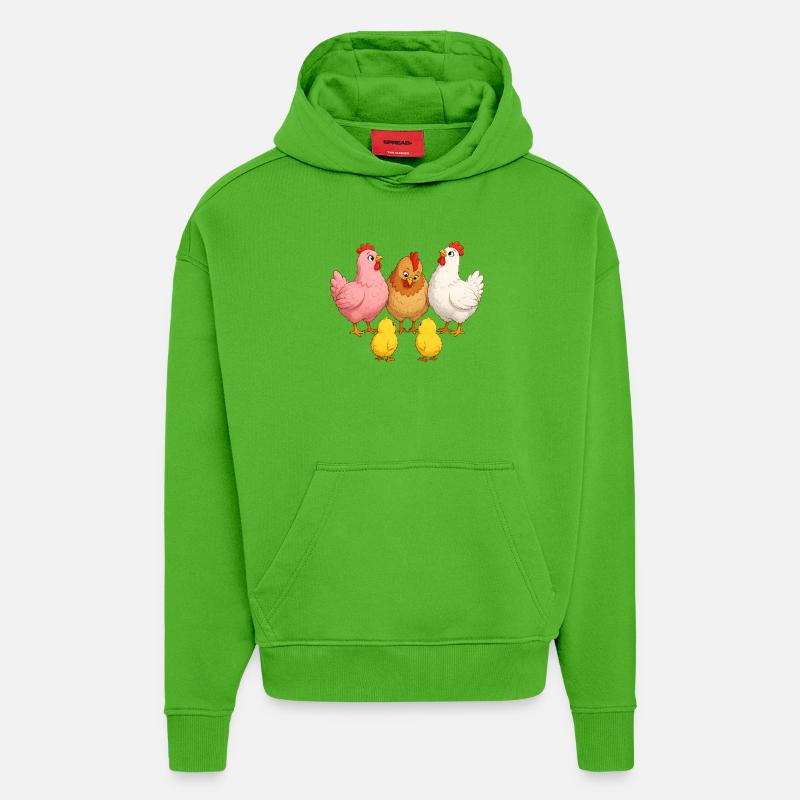 Chickens with chicks - Hoodie- made by SPREAD - Apple Neon