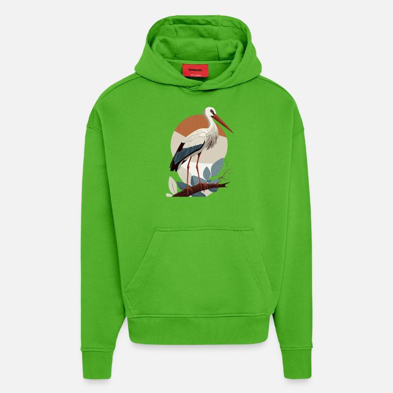 Cigogne, Oiseau, Naissance, Grossesse, Enceinte - Sweat à capuche bio épais oversize fabriqué en UE - Apple Neon