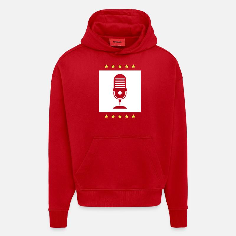 Podcast Logo Microphone - Sweat à capuche bio épais oversize fabriqué en UE - rouge
