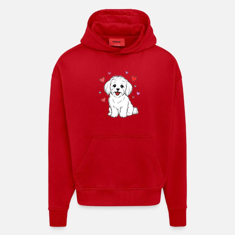 Malteser_Hund_sitzend_Herz_weiss - Sweat à capuche bio épais oversize fabriqué en UE - rouge