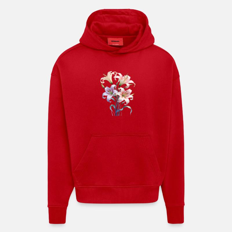 Bouquet de lys pastel - Sweat à capuche bio épais oversize fabriqué en UE - rouge