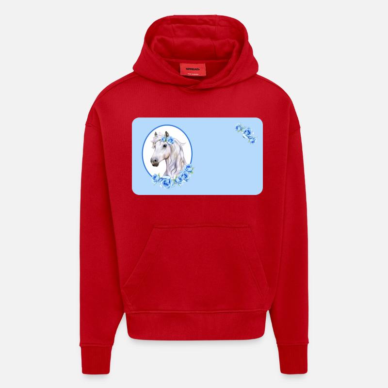 Cheval blanc - Roses bleu clair | Personnalisable - Sweat à capuche bio épais oversize fabriqué en UE - rouge