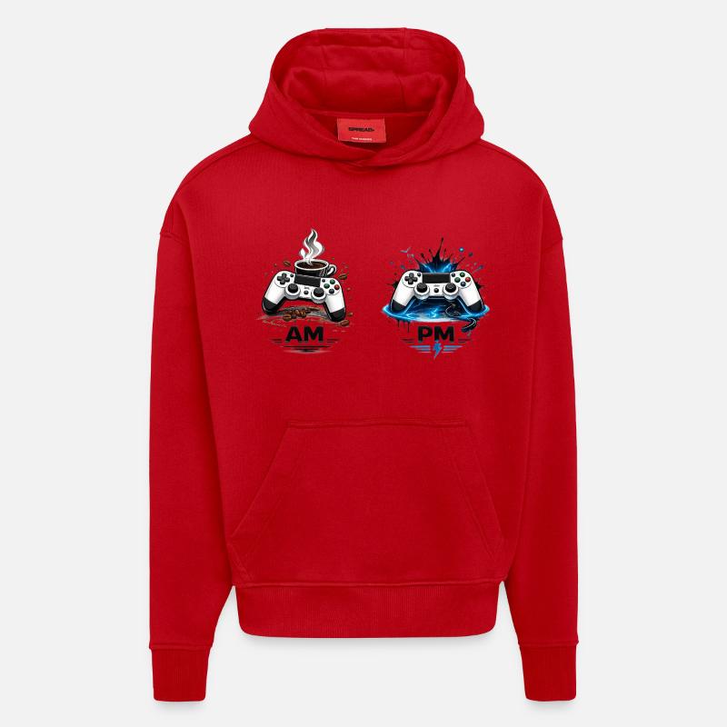 AM Coffee PM Gaming - Sweat à capuche bio épais oversize fabriqué en UE - rouge