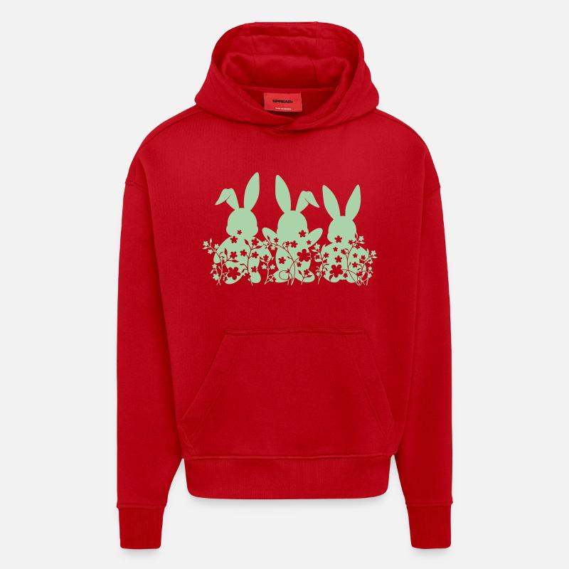 Lapins Fleurs de Pâques - Sweat à capuche bio épais oversize fabriqué en UE - rouge