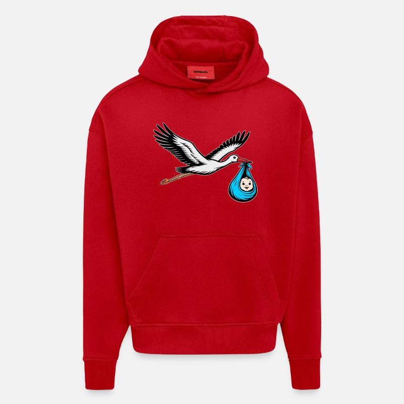 Cigogne volante avec bleu bébé - Sweat à capuche bio épais oversize fabriqué en UE - rouge