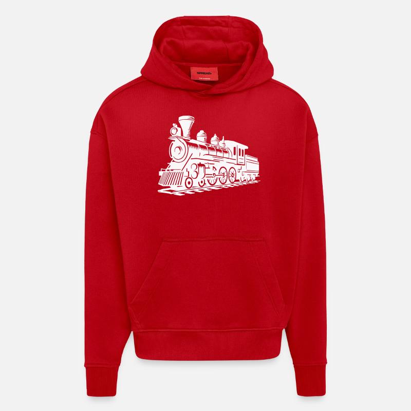 Train de locomotives - Sweat à capuche bio épais oversize fabriqué en UE - rouge