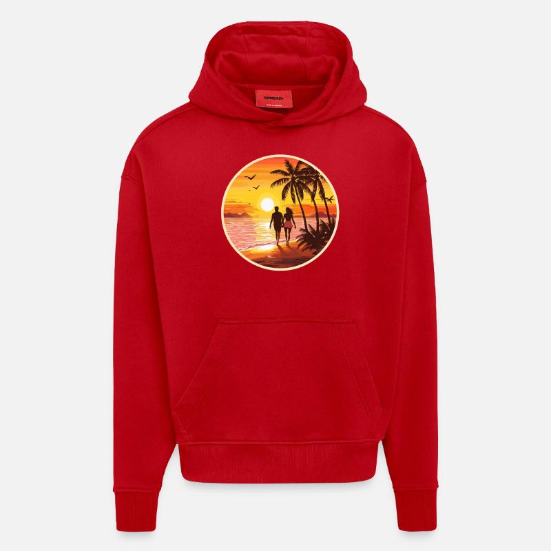 Sunset Beach Couple Romantique - Sweat à capuche bio épais oversize fabriqué en UE - rouge