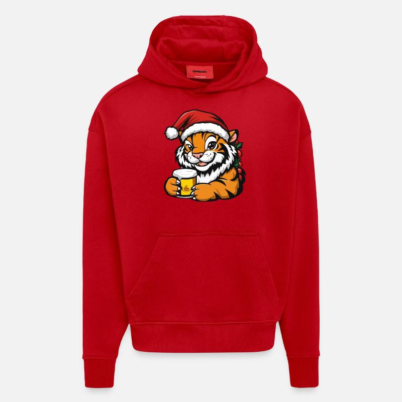 Tiger Noël Bière Drôle - Sweat à capuche bio épais oversize fabriqué en UE - rouge