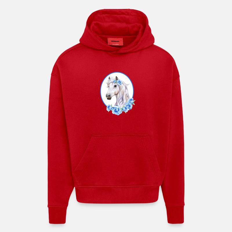 Cheval Blanc Romantique - Roses Bleu Clair - Sweat à capuche bio épais oversize fabriqué en UE - rouge