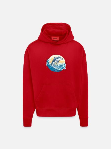 Dolphin jump over surf wave - Hoodie- made by SPREAD - red