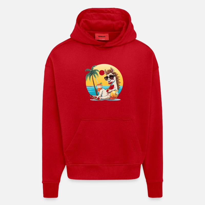 Sunny Beach Llama en vacances - Sweat à capuche bio épais oversize fabriqué en UE - rouge