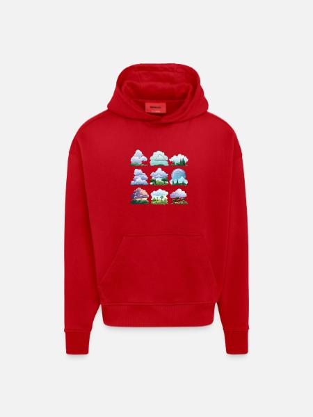 Ensemble de dessins animés Cloudscapes - Sweat à capuche bio épais oversize fabriqué en UE - rouge