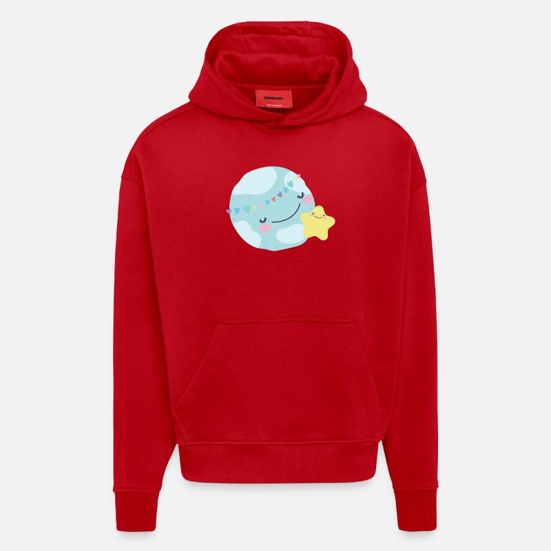 Pastel Planète Coeurs - Sweat à capuche bio épais oversize fabriqué en UE - rouge