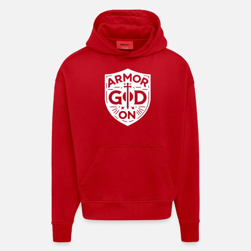 L’armure de Dieu sur - Sweat à capuche bio épais oversize fabriqué en UE - rouge