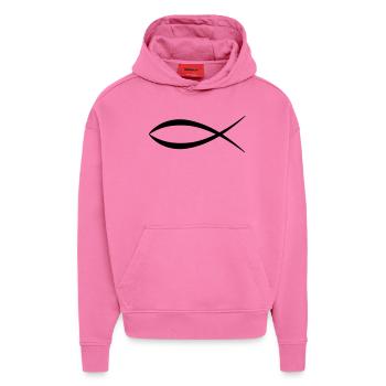 symbole du poisson Jésus - Sweat à capuche bio épais oversize fabriqué en UE - AURA PINK - Devant - Dylan (187cm)