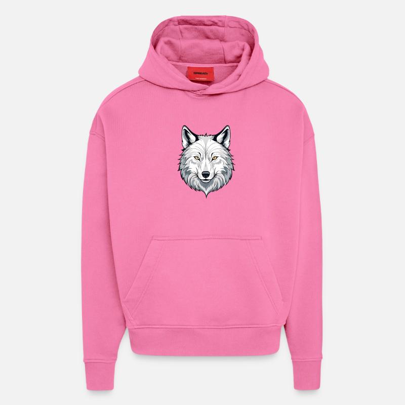 Illustration de tête de loup blanc - Sweat à capuche bio épais oversize fabriqué en UE - AURA PINK