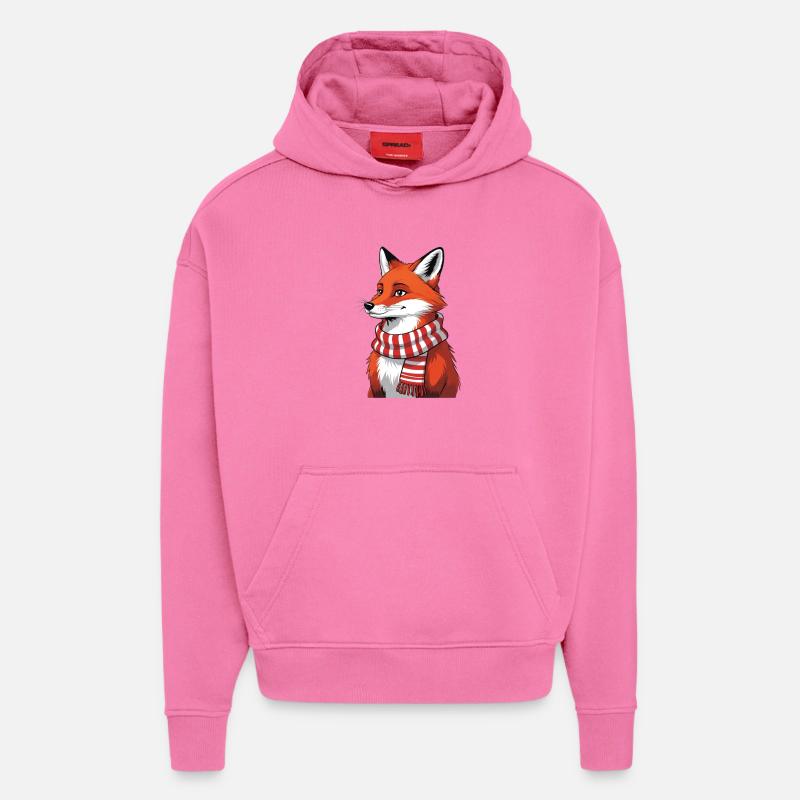 Renard roux avec illustration d’écharpe - Sweat à capuche bio épais oversize fabriqué en UE - AURA PINK