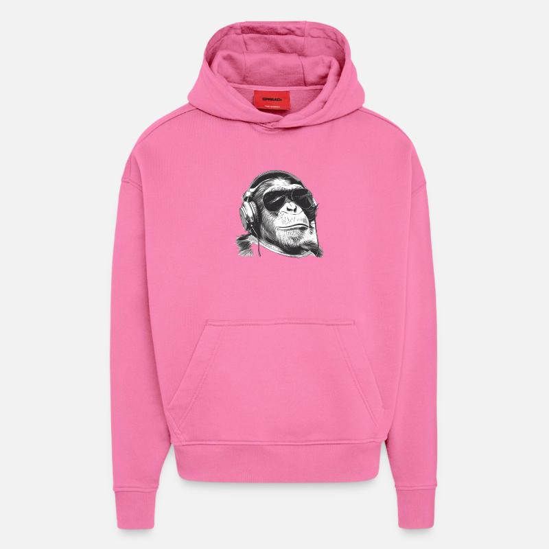 Monkey DJ avec casque - Sweat à capuche bio épais oversize fabriqué en UE - AURA PINK