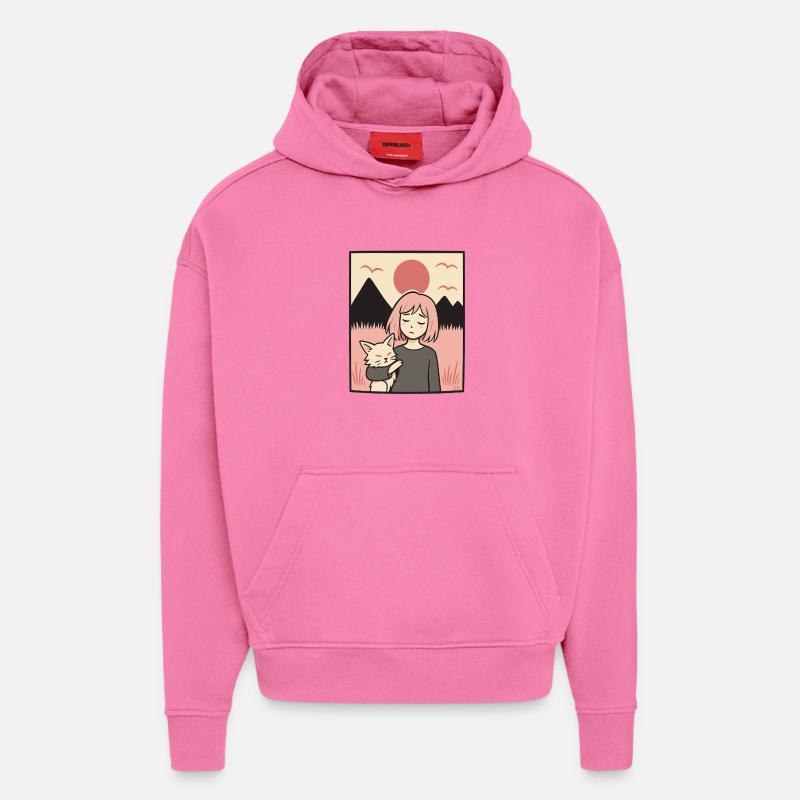 Mädchen mit Katze vor Bergen - Hoodie- made by SPREAD  - AURA PINK