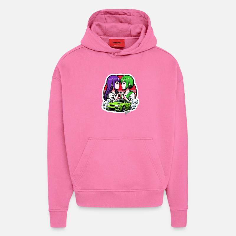 Duo néon : Heart Car Drift - Sweat à capuche bio épais oversize fabriqué en UE - AURA PINK