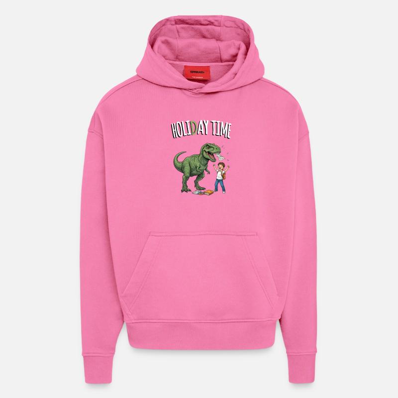 Dino et écolier pendant les vacances - Sweat à capuche bio épais oversize fabriqué en UE - AURA PINK