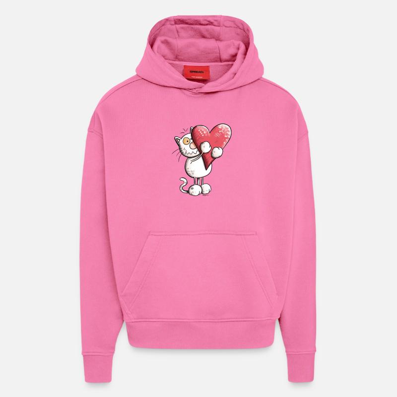 Chat avec coeur - Sweat à capuche bio épais oversize fabriqué en UE - AURA PINK