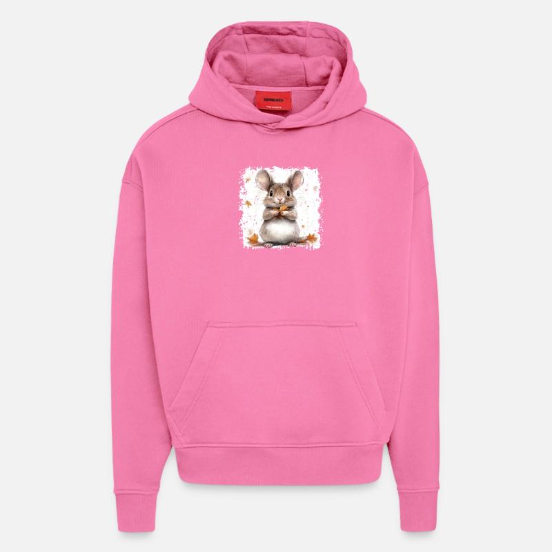 Souris mignonne avec des feuilles d’automne - Sweat à capuche bio épais oversize fabriqué en UE - AURA PINK
