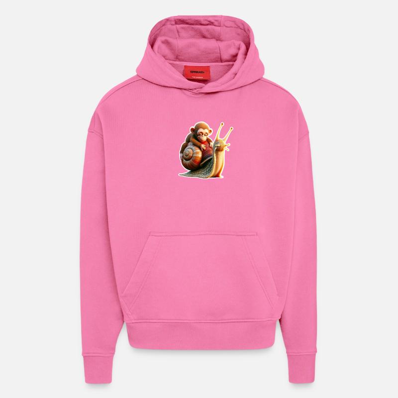 Singe sur l’escargot : amitié joueuse - Sweat à capuche bio épais oversize fabriqué en UE - AURA PINK