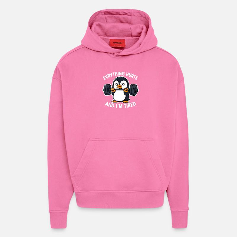 Grumpy Penguin Lifting Weights - Sweat à capuche bio épais oversize fabriqué en UE - AURA PINK