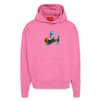 Aquarell Dampflok in den Bergen - Hoodie- made by SPREAD  - AURA PINK - Vorne - Dylan (187cm)