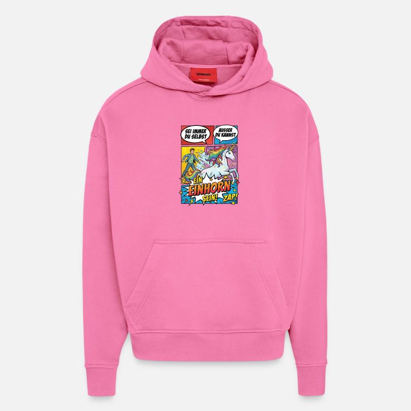 Le pouvoir de la licorne dans les comics pop - Sweat à capuche bio épais oversize fabriqué en UE - AURA PINK