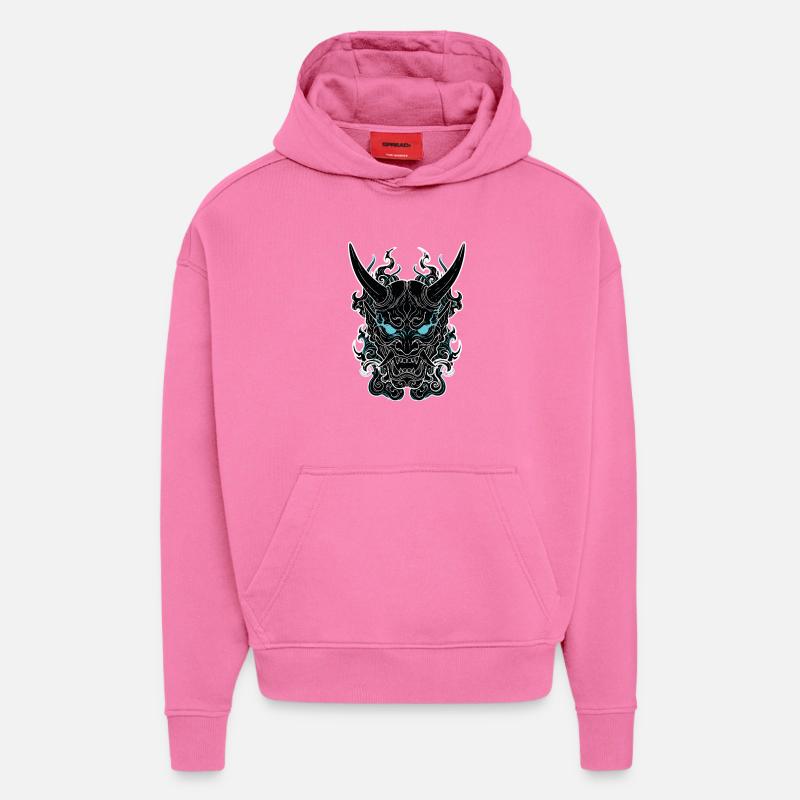 Masque Oni Cyberpunk Portrait Bleu - Sweat à capuche bio épais oversize fabriqué en UE - AURA PINK