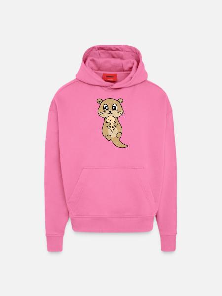 Mère et bébé loutre mignon - Sweat à capuche bio épais oversize fabriqué en UE - AURA PINK