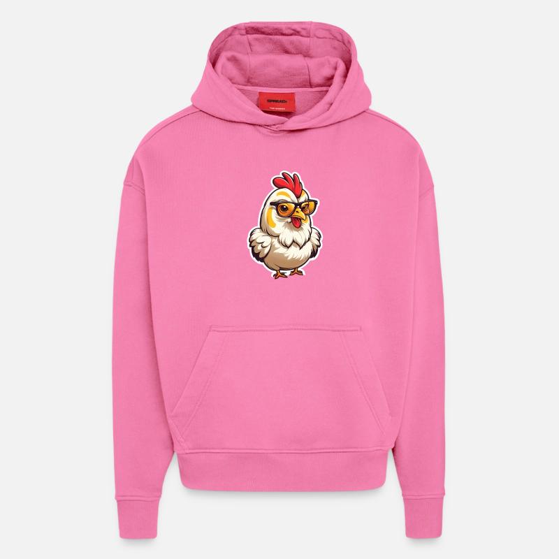 Dessin animé de poulet à lunettes - Sweat à capuche bio épais oversize fabriqué en UE - AURA PINK