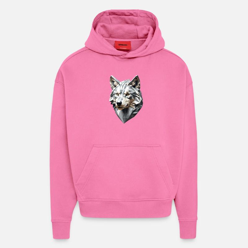 Wolf Head LowPoly Geometric - Sweat à capuche bio épais oversize fabriqué en UE - AURA PINK