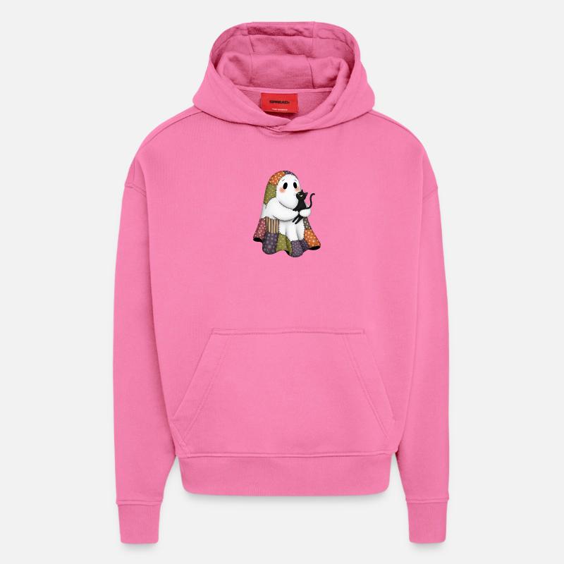 Patchwork fantôme avec chat noir - Sweat à capuche bio épais oversize fabriqué en UE - AURA PINK