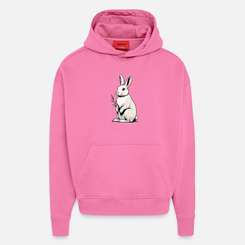 Lapin blanc à plante feuillue - Sweat à capuche bio épais oversize fabriqué en UE - AURA PINK