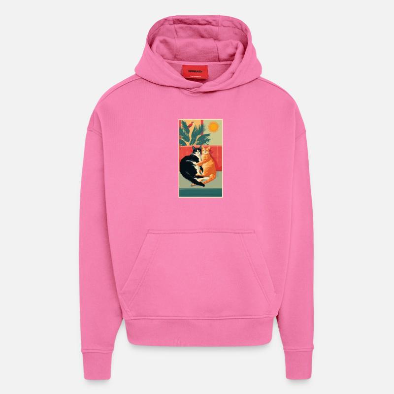 Deux chats dans un moment rétro - Sweat à capuche bio épais oversize fabriqué en UE - AURA PINK