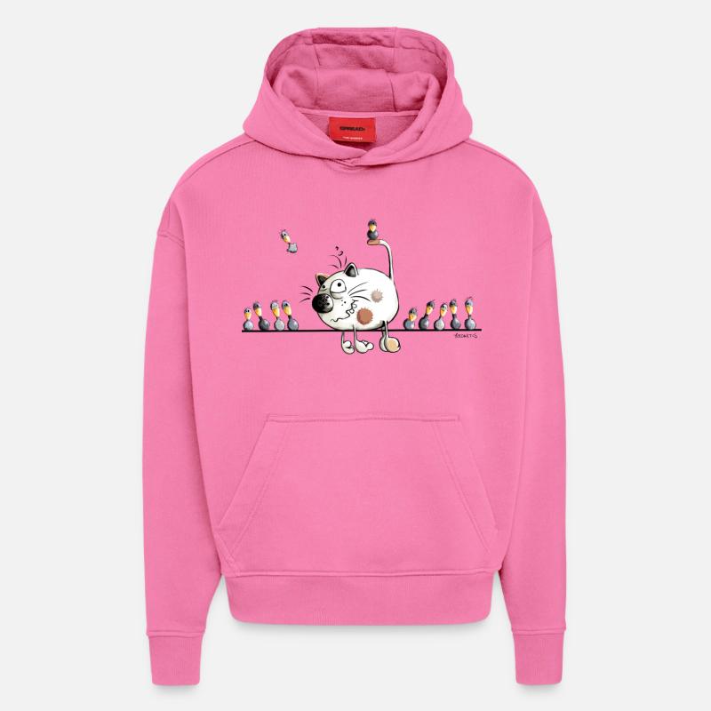 Chat avec oiseaux - Sweat à capuche bio épais oversize fabriqué en UE - AURA PINK