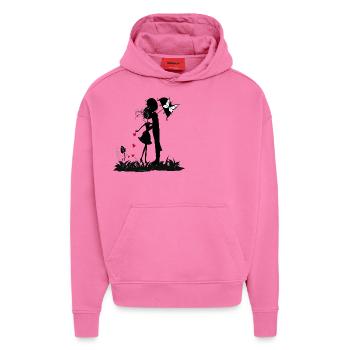 Découpage de papier amoureux - Sweat à capuche bio épais oversize fabriqué en UE - AURA PINK - Devant - Dylan (187cm)