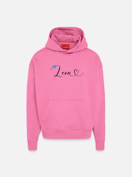 Leon Nom Prénom Calligraphie Coeur - Sweat à capuche bio épais oversize fabriqué en UE - AURA PINK