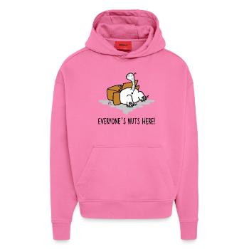 Erveryones nuts here - Alle irre hier! - Flucht - Hoodie- made by SPREAD  - AURA PINK - Vorne - Dylan (187cm)