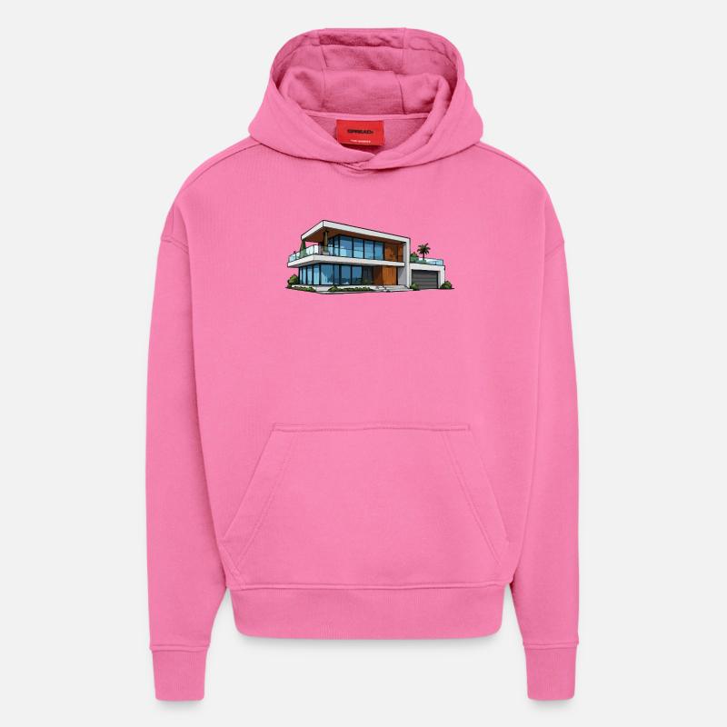 Illustration d’architecture moderne de villas - Sweat à capuche bio épais oversize fabriqué en UE - AURA PINK