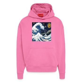 Kanagawa Waves, Japonais, Grande Vague, Amoureux de la Nature - Sweat à capuche bio épais oversize fabriqué en UE - AURA PINK - Devant - Dylan (187cm)